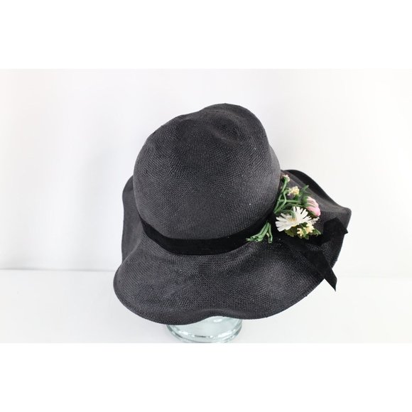 Vintage 60s 70s Streetwear Distressed Flower Straw Floppy Brim Sun Hat Black main image 4
